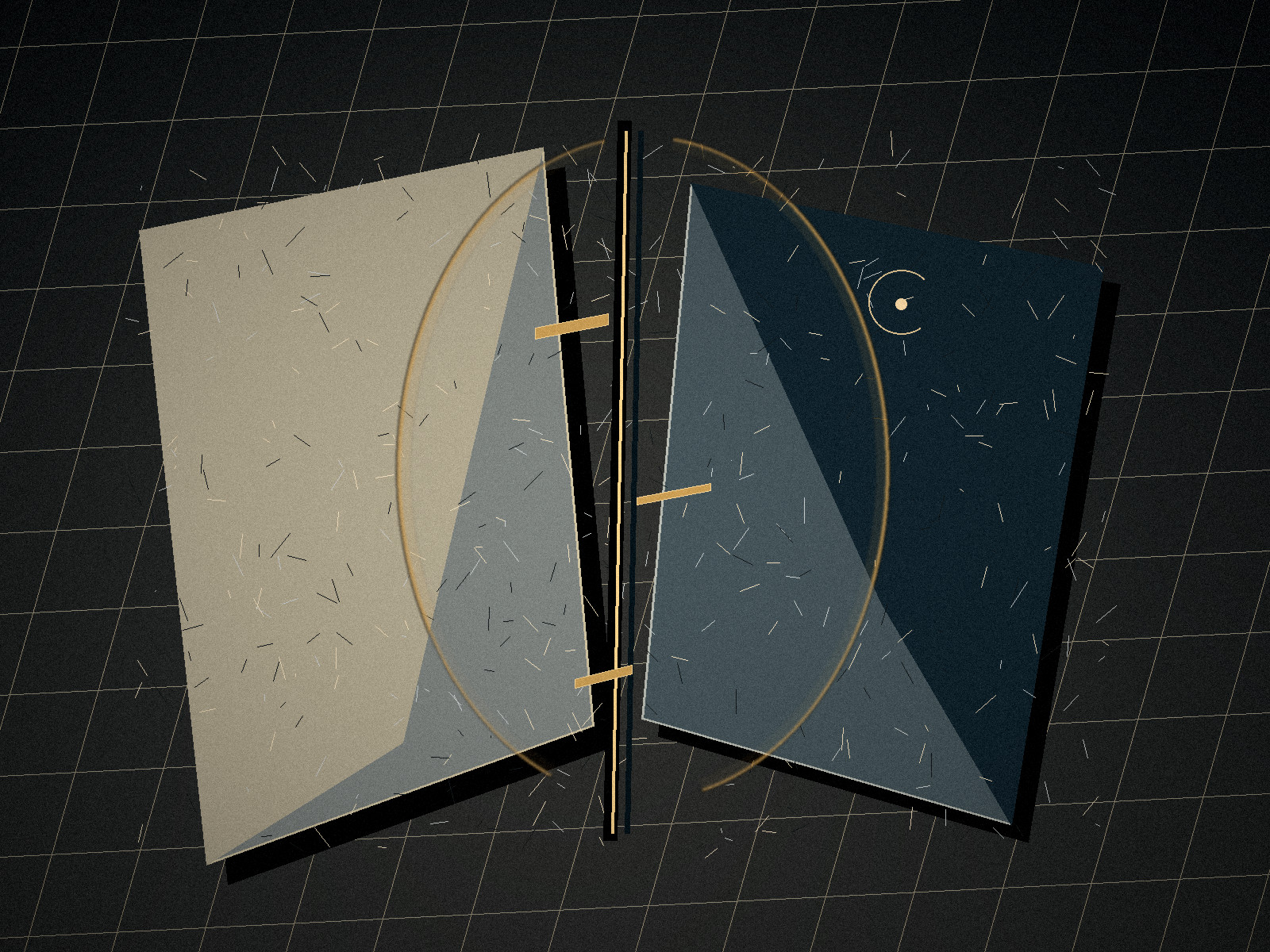 Two fractured stone panels opposing one another across a narrow illuminated divide