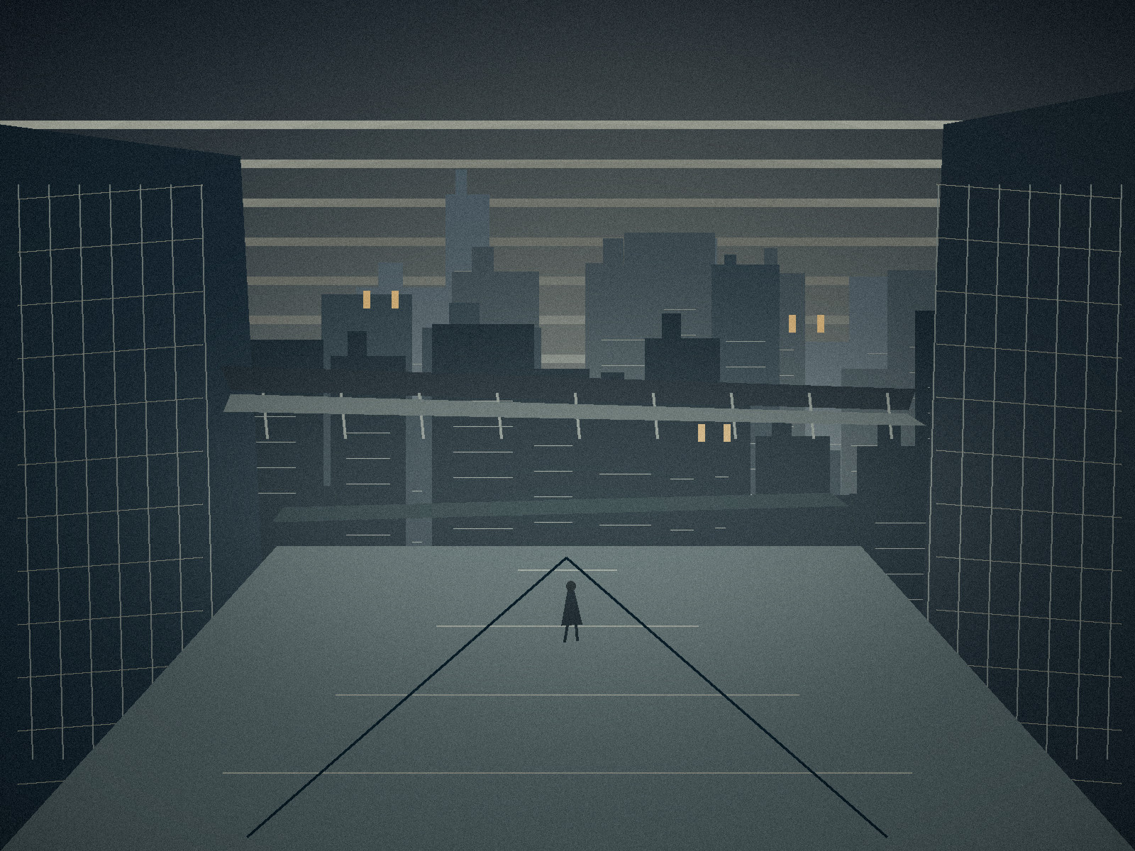 A solitary figure facing a monumental quiet city beneath elevated civic walkways