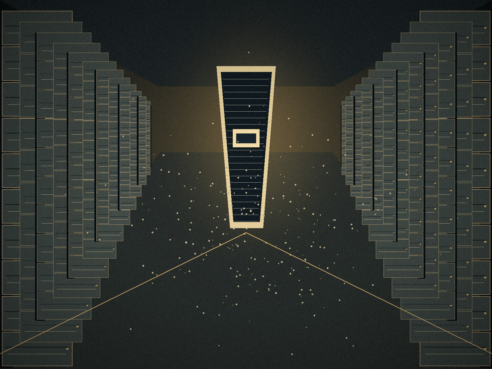 A long civic archive with rows of drawers framing a luminous missing record