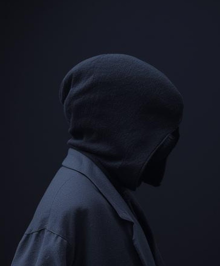Veiled figure in profile, rendered in deep blue-black tones